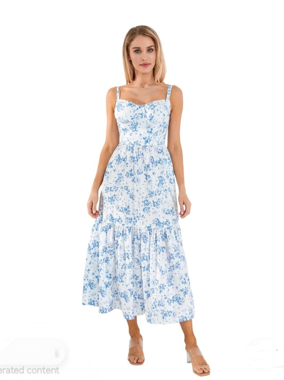 Blue Floral Midi Dress with Spaghetti Straps